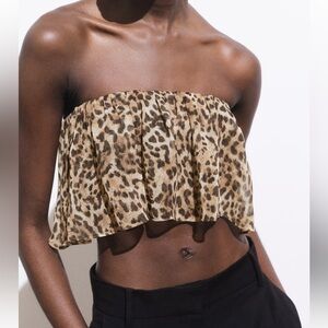 Mango Leopard Print Strapless Crop Top